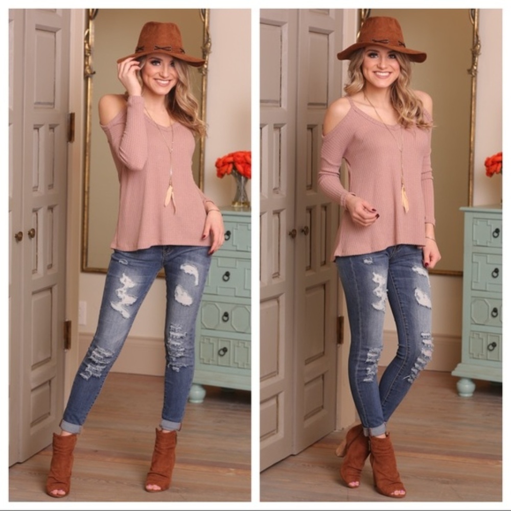 LAST ONE! Rose Taupe Waffle Knit Cold Shoulder Top - Picture 4 of 4
